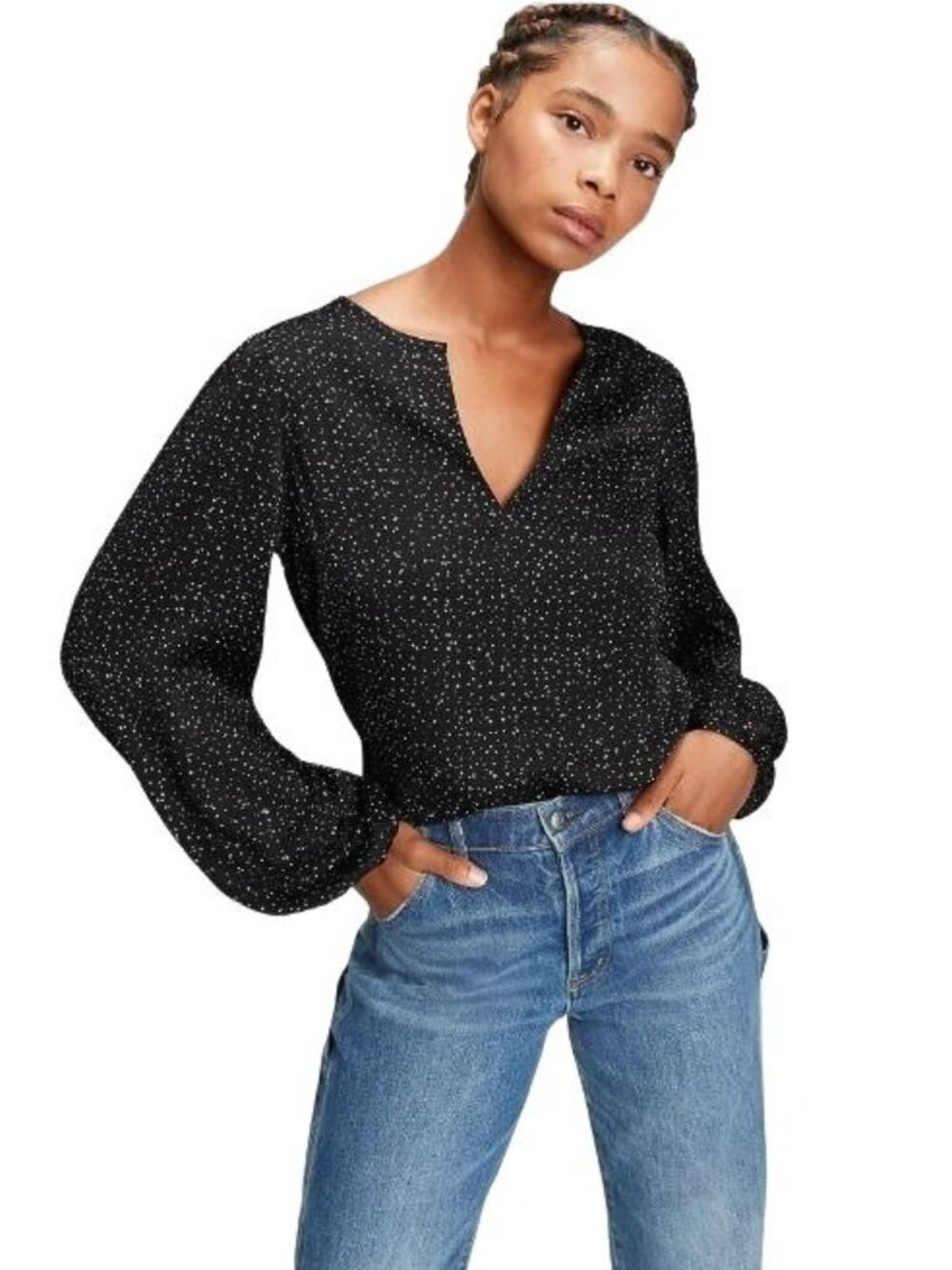 ❤️GAP Womens XS Blouse Split Neck Black White Dot Print Long Sleeve Chiffon New